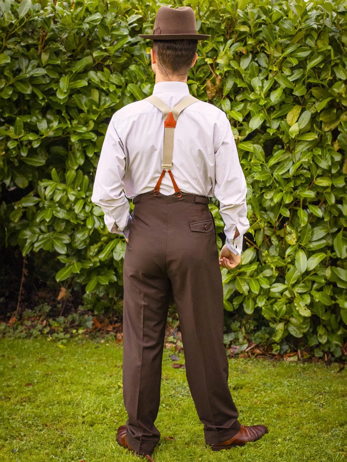 1940s Vintage Harry Fishtail Back Trousers in Cocoa Brown