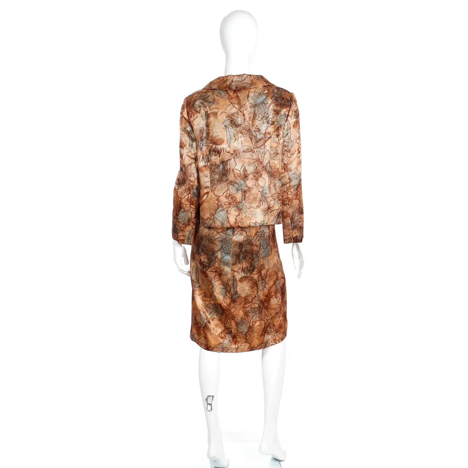 1960s Helen Rose Watercolor Print Bronze Blue & Gold Evening Dress