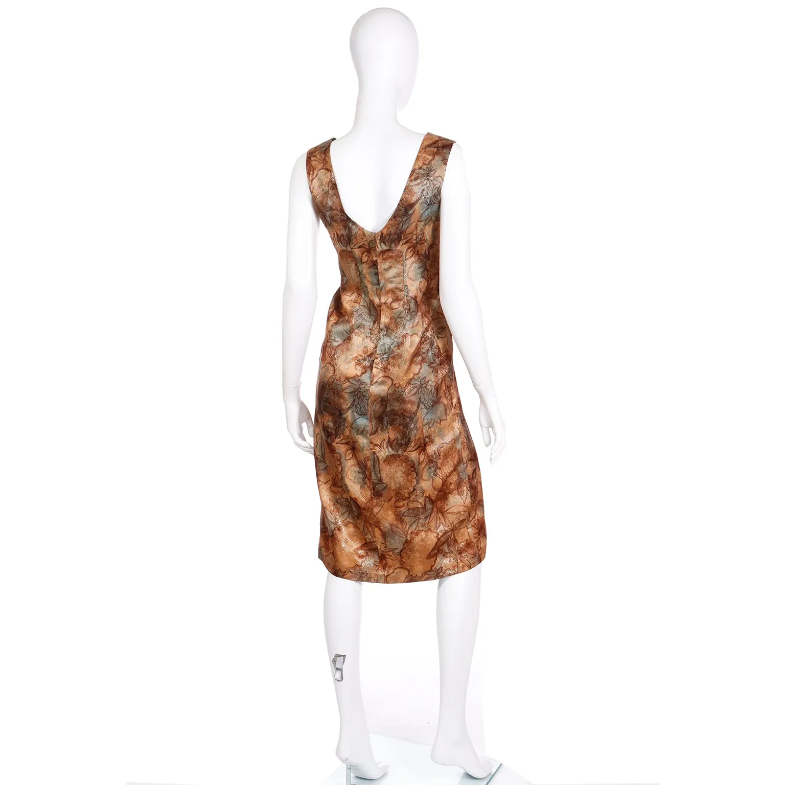1960s Helen Rose Watercolor Print Bronze Blue & Gold Evening Dress