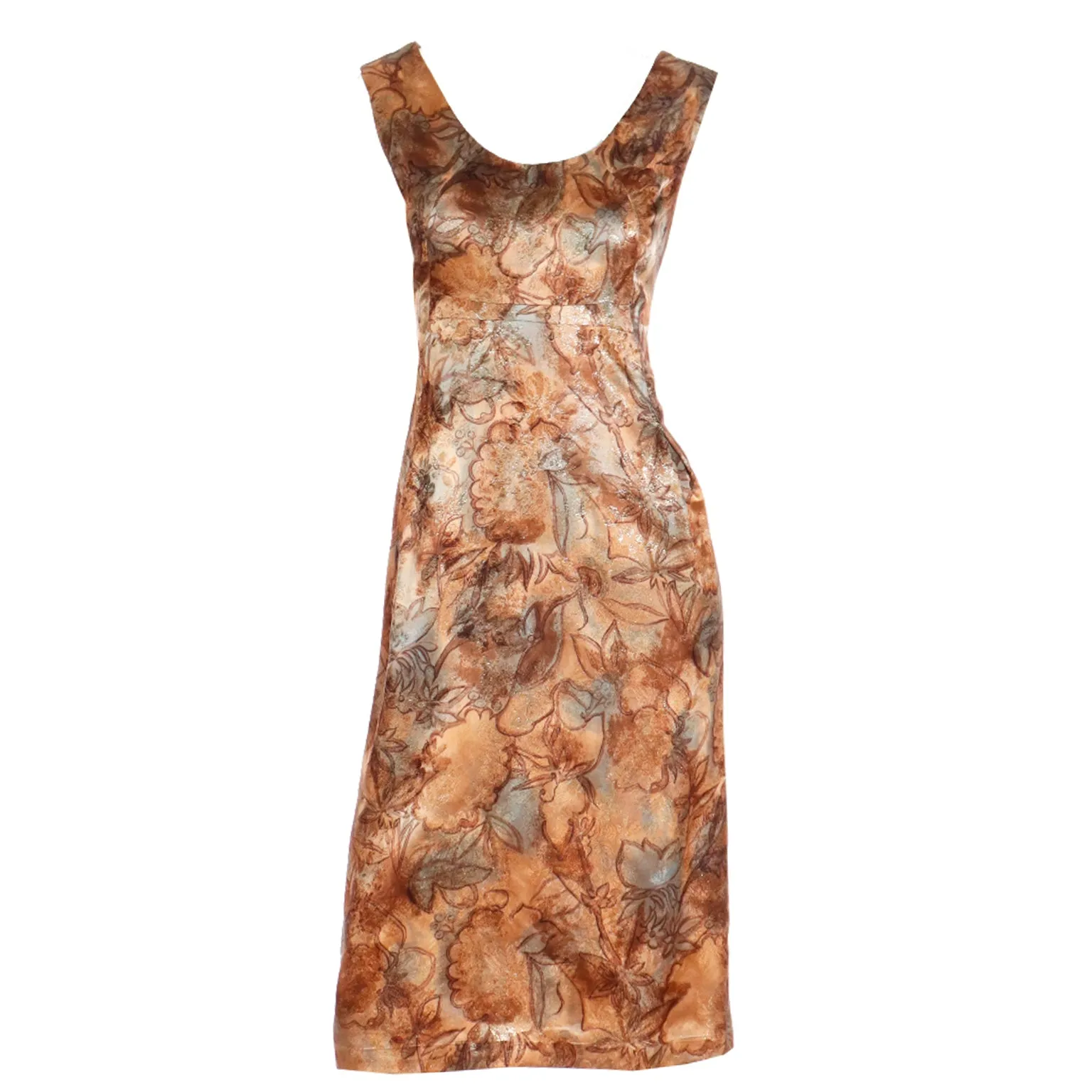 1960s Helen Rose Watercolor Print Bronze Blue & Gold Evening Dress