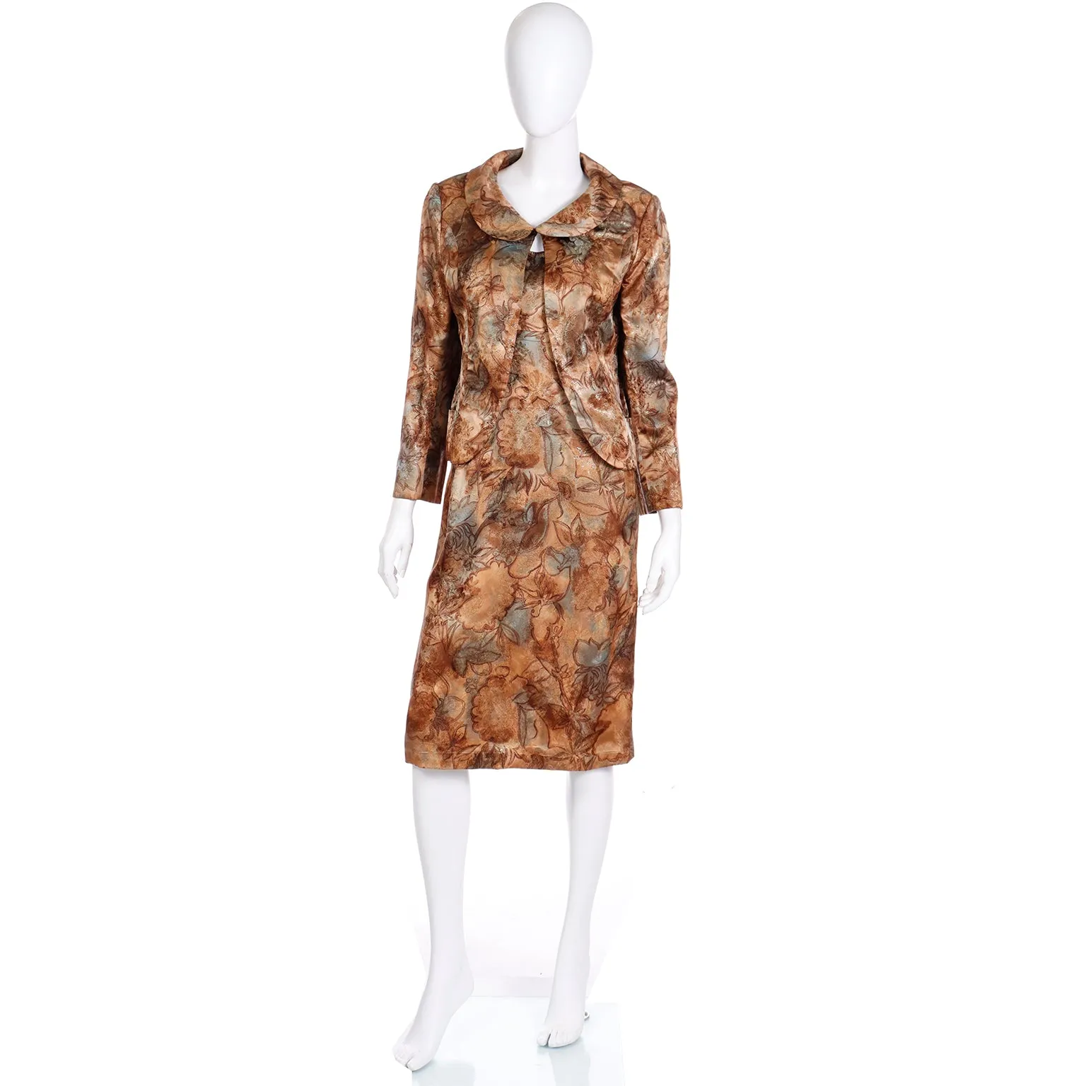 1960s Helen Rose Watercolor Print Bronze Blue & Gold Evening Dress