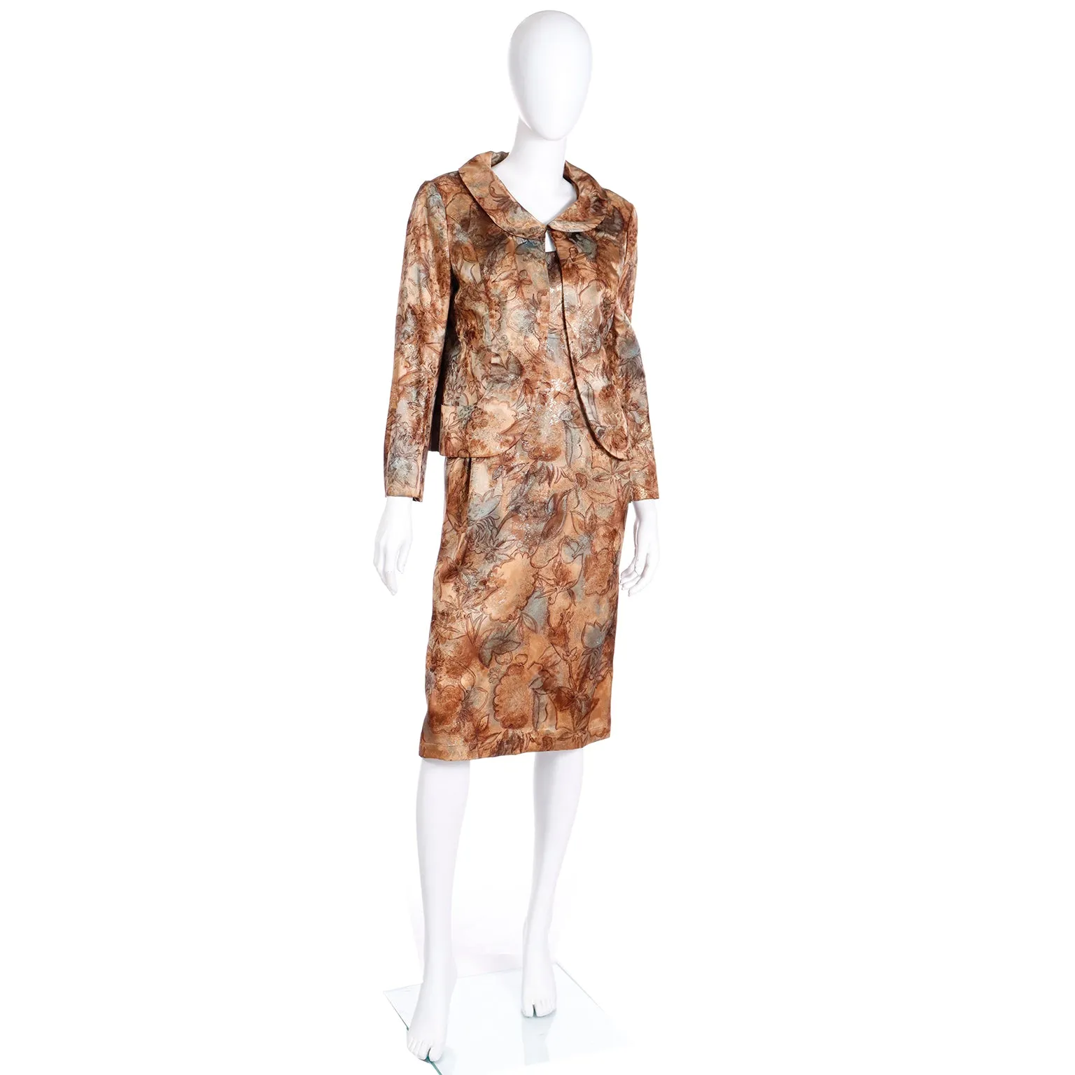 1960s Helen Rose Watercolor Print Bronze Blue & Gold Evening Dress