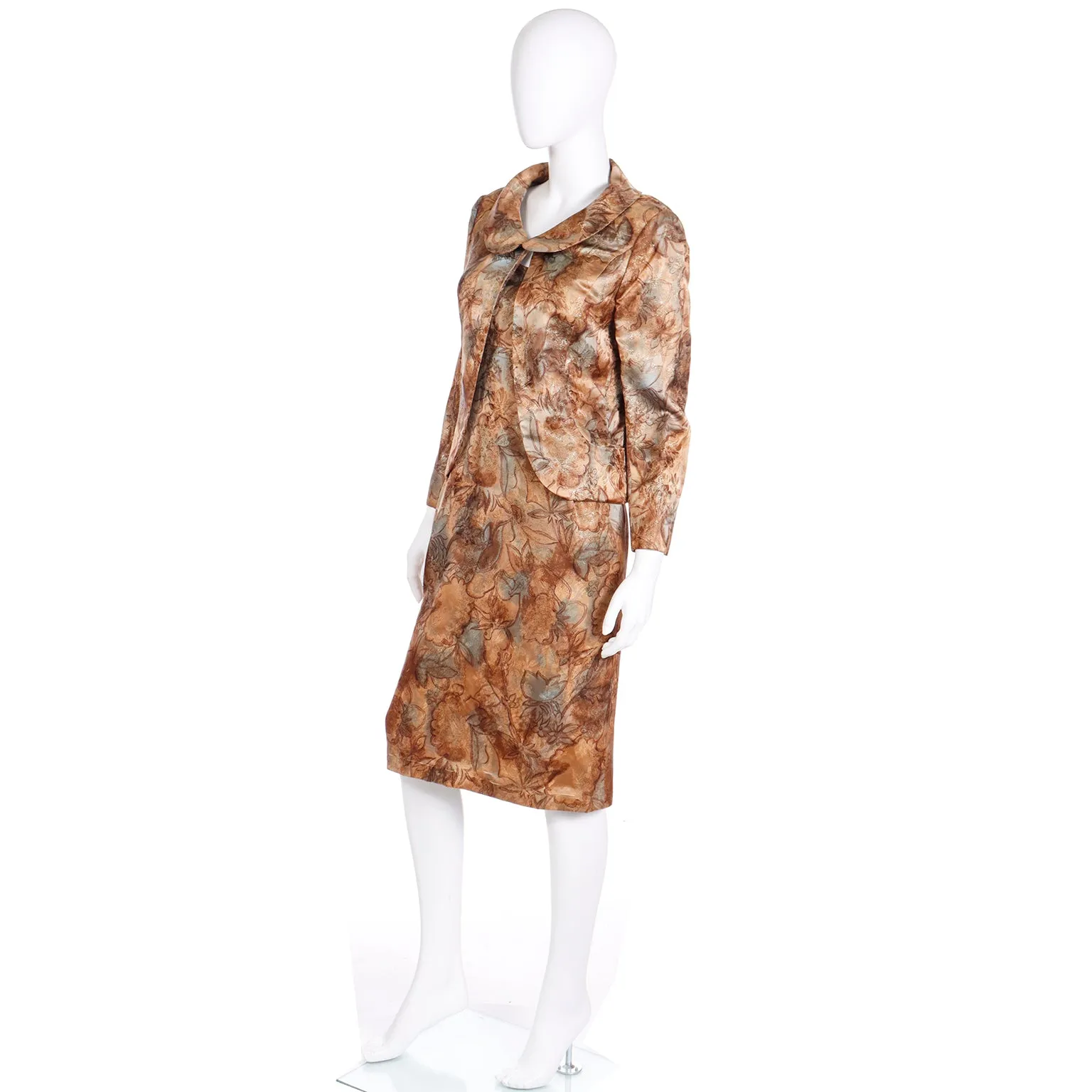 1960s Helen Rose Watercolor Print Bronze Blue & Gold Evening Dress