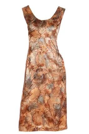 1960s Helen Rose Watercolor Print Bronze Blue & Gold Evening Dress
