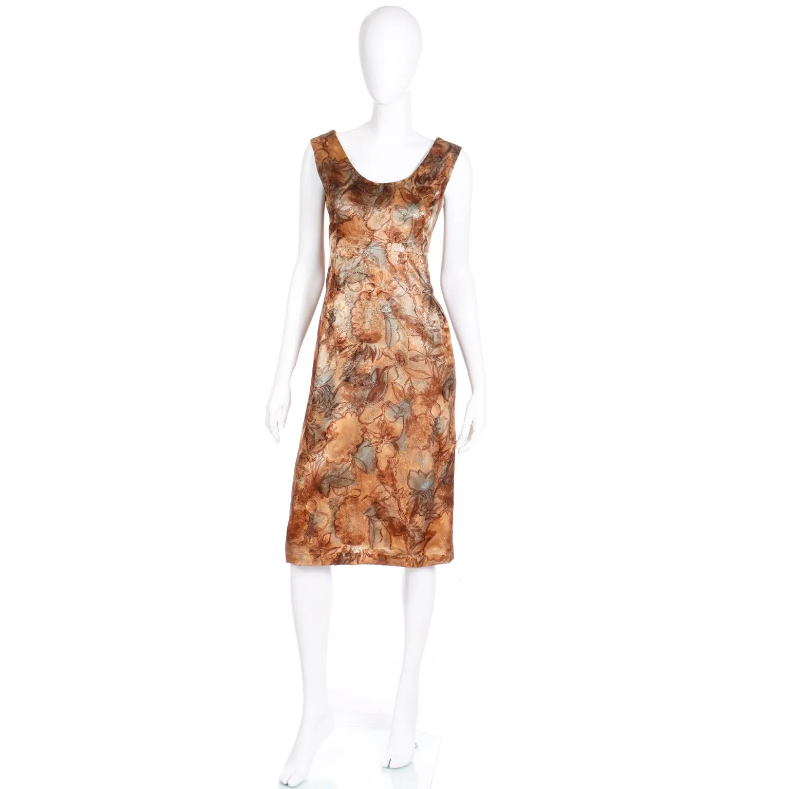 1960s Helen Rose Watercolor Print Bronze Blue & Gold Evening Dress