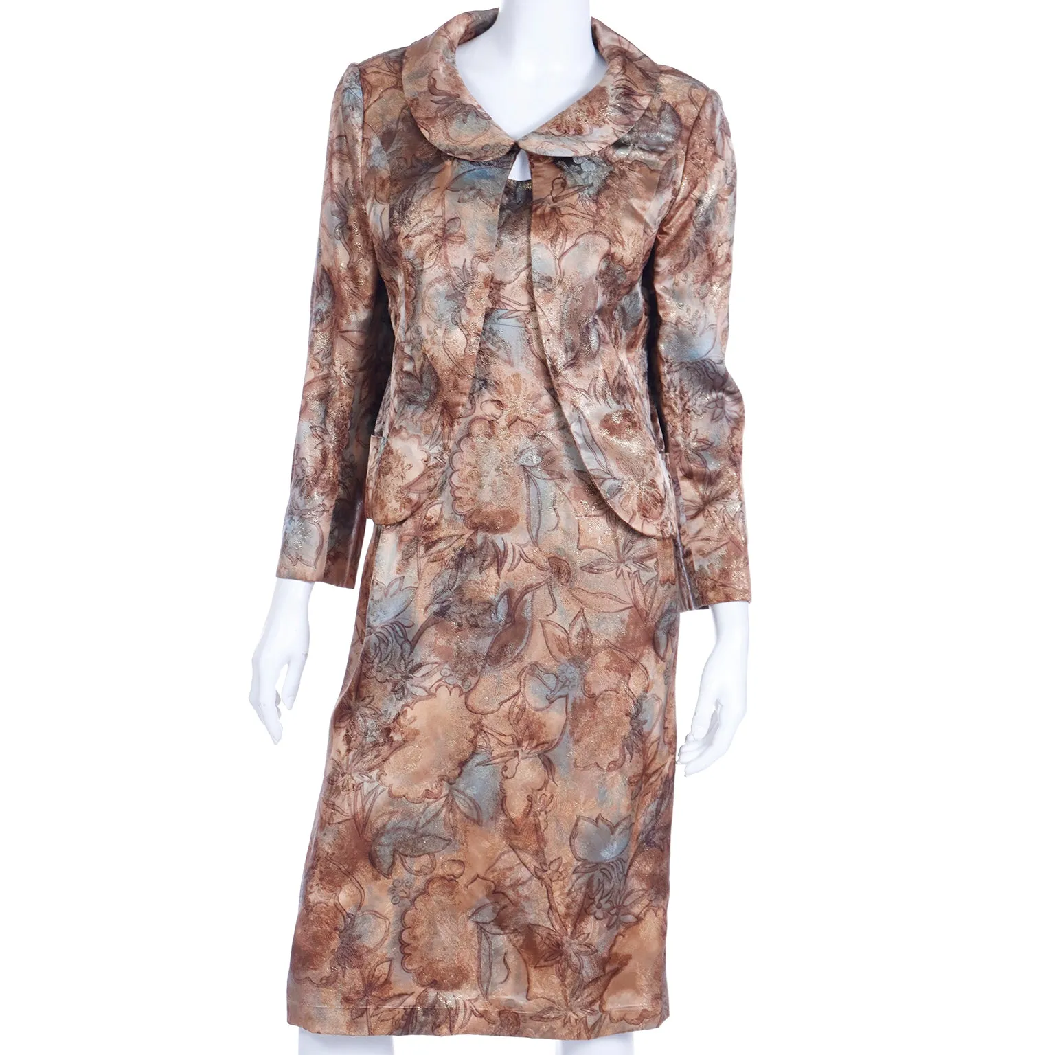 1960s Helen Rose Watercolor Print Bronze Blue & Gold Evening Dress