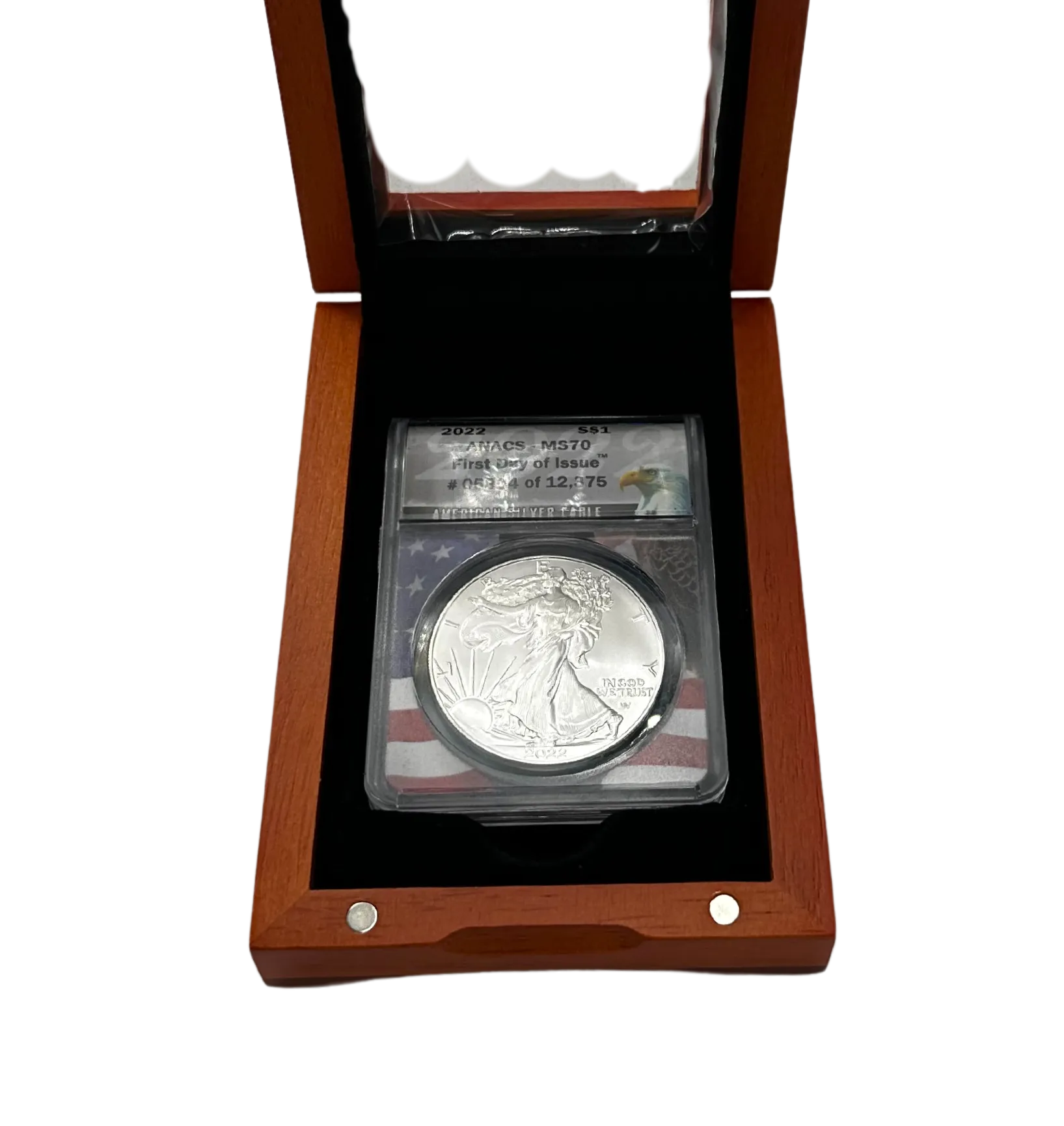 2022 Graded Silver Eagle Coin with Wood Viewing Case
