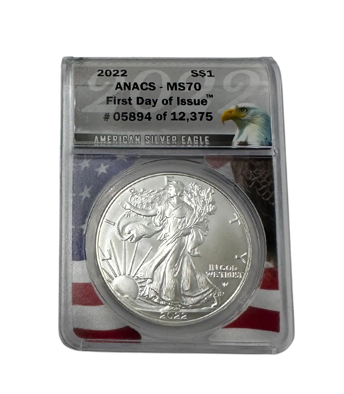 2022 Graded Silver Eagle Coin with Wood Viewing Case