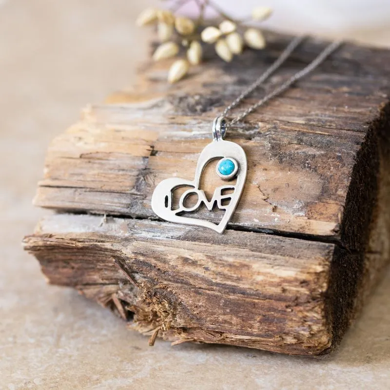 925 Silver Heart LOVE Shape Pendant inlaid with Turquoise