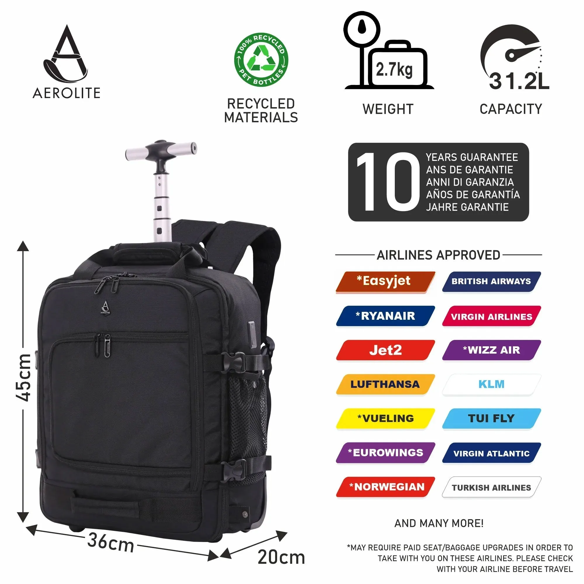 Aerolite 45x36x20cm Easyjet Maximum Size Premium Backpack Trolley Bag With 2 Wheels Recycled Eco-Friendly Cabin Luggage with Extendable Handle, 10 Year Warranty