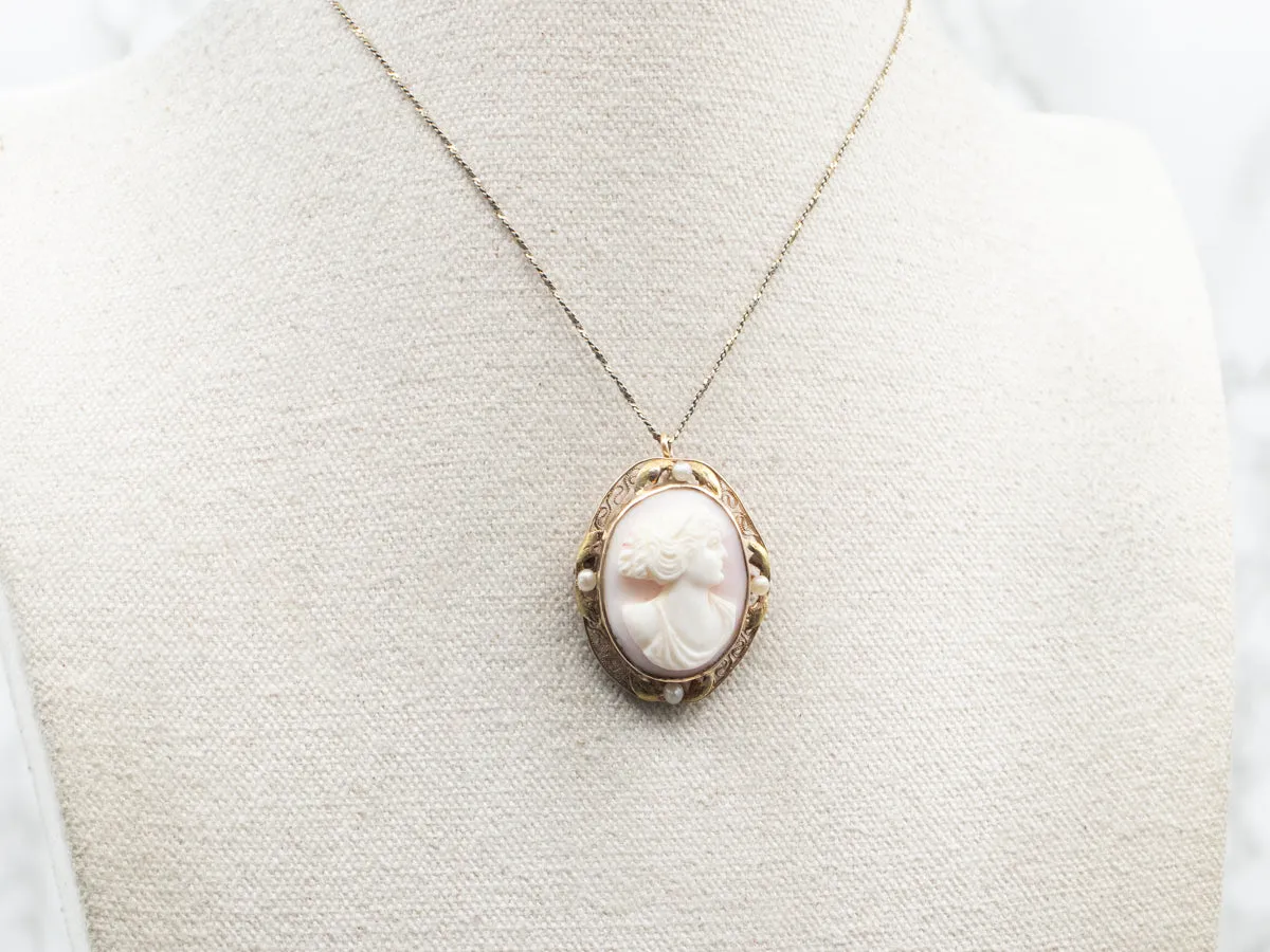 Antique Pink Shell Cameo Seed Pearl Brooch or Pendant