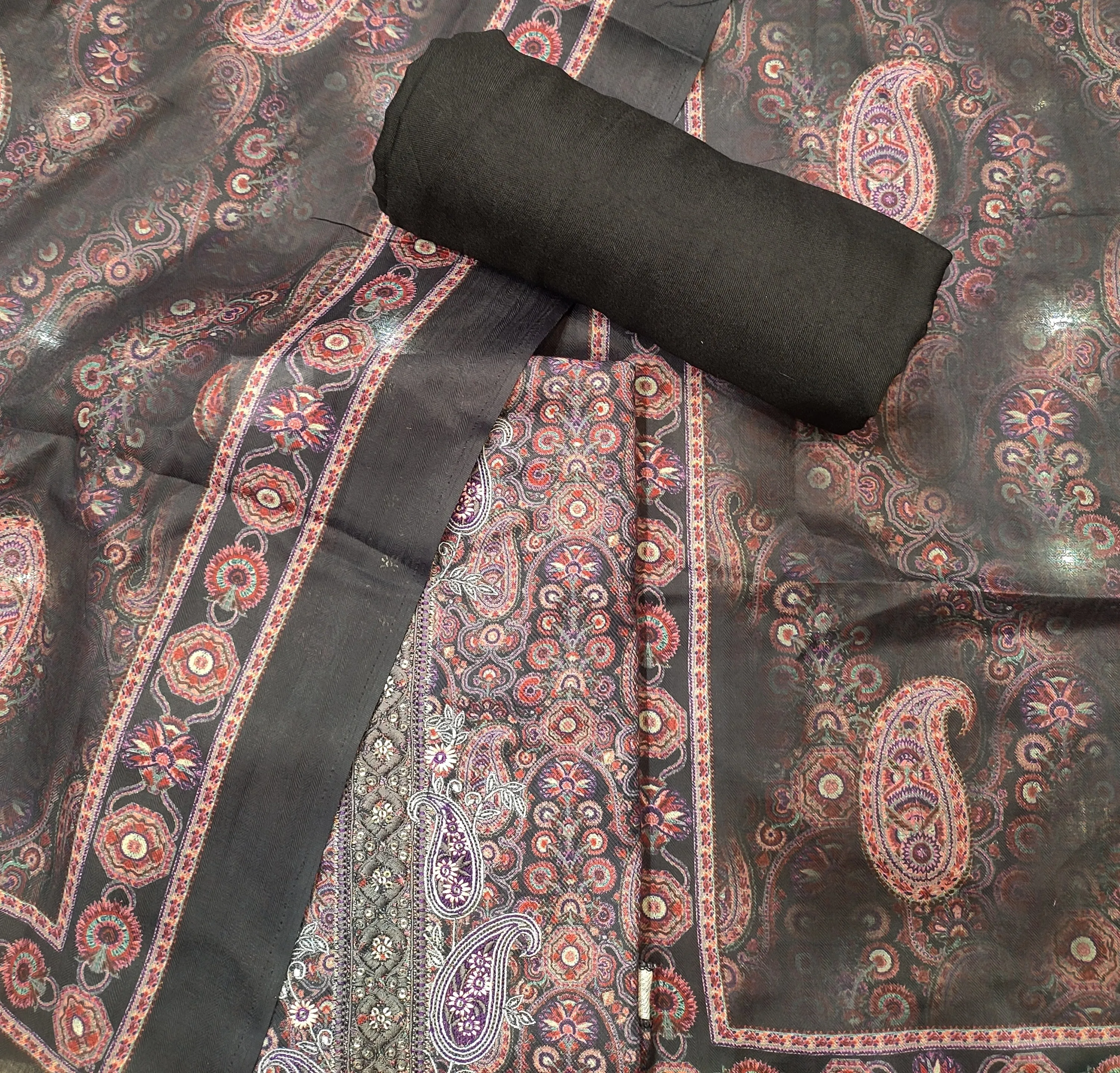 Black Pashmina Unstitched Suit With Thread Embroidery