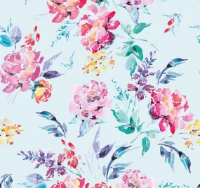 BLUE WATERCOLOUR FLOWERS SOFT SHELL PER METRE SALE