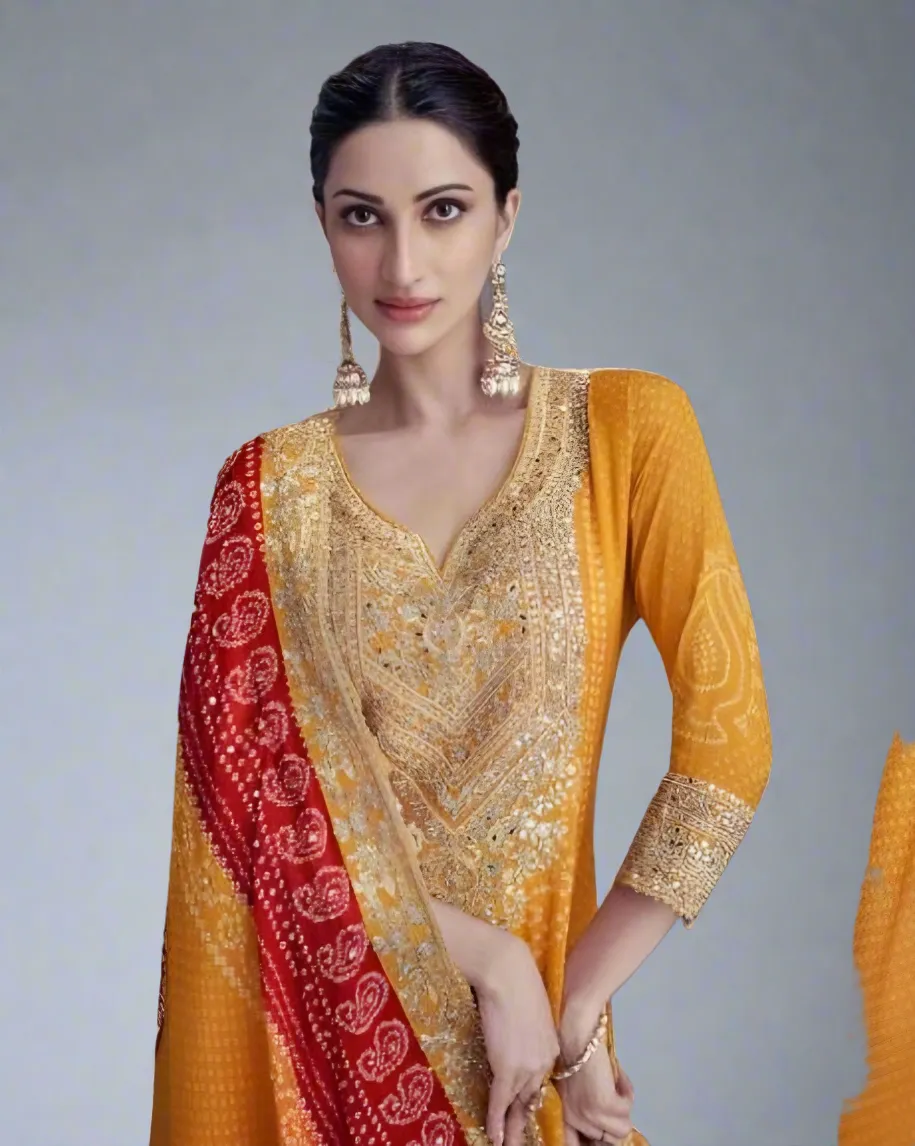 Chinon Silk Bandhani Printed Palazzo Suits Yellow