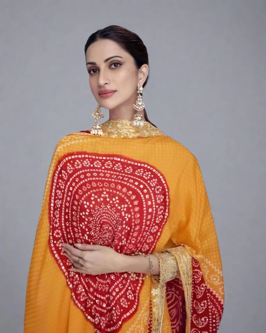Chinon Silk Bandhani Printed Palazzo Suits Yellow