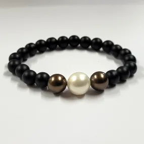 Chocolate And White Shell Pearls Bracelet With 8mm Black Beads