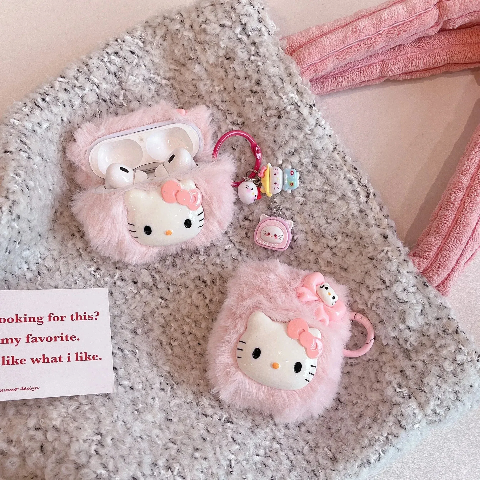Cute Pink Fluffy Plush Pink Hello Kitty Earphone Headphone Case for AirPods