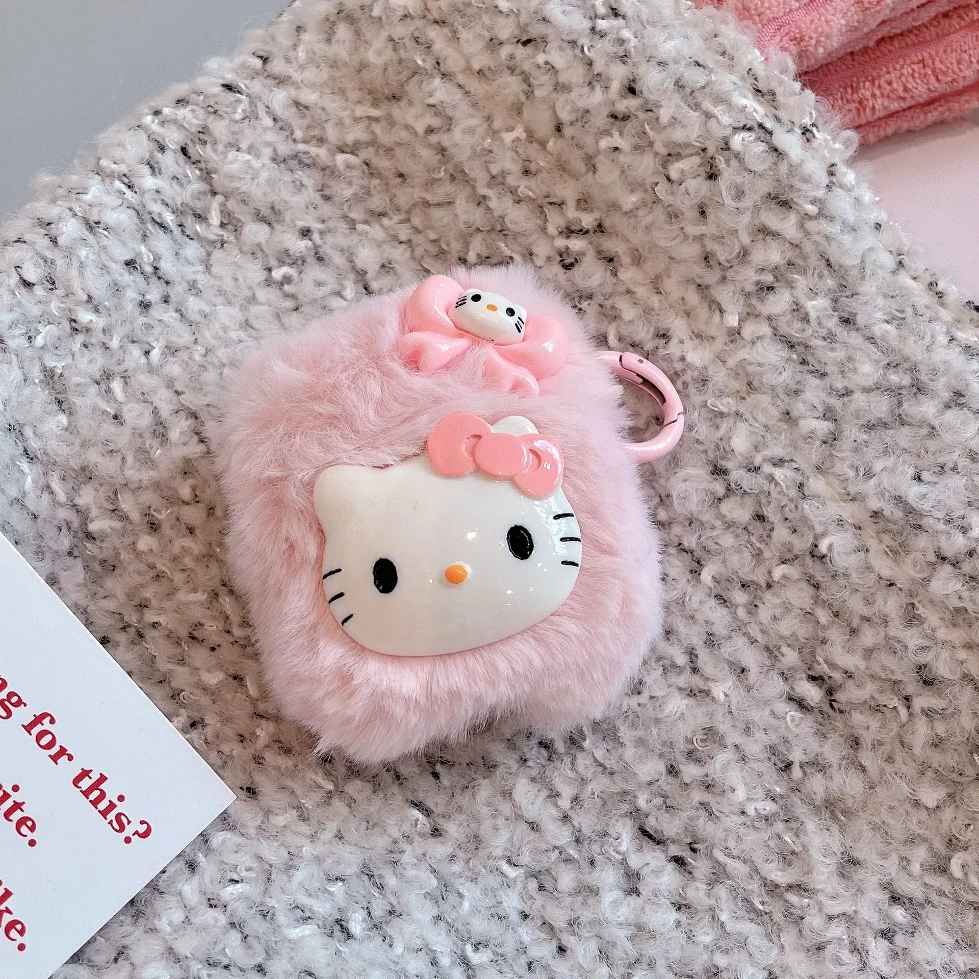 Cute Pink Fluffy Plush Pink Hello Kitty Earphone Headphone Case for AirPods