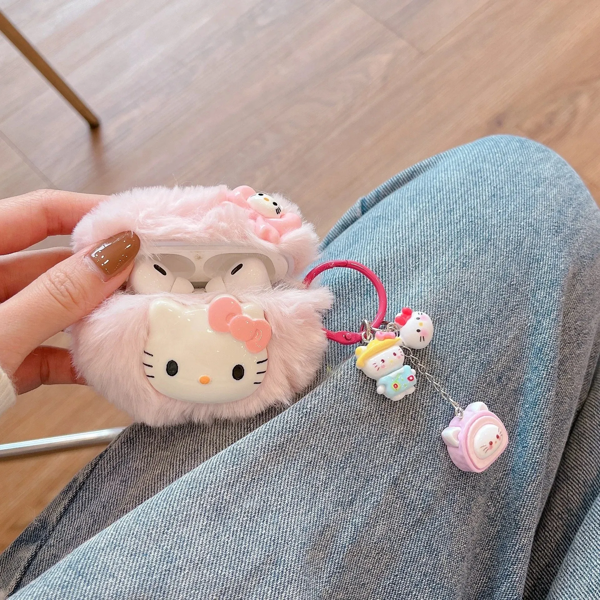 Cute Pink Fluffy Plush Pink Hello Kitty Earphone Headphone Case for AirPods
