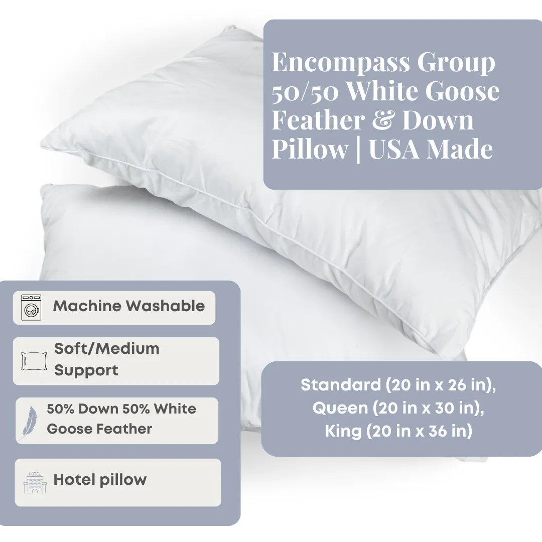 Encompass Group Premium 50/50 White Goose Feather and Down Pillow | Made in the USA