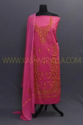 Fushia Pink Colour Kashmiri Cotton Suit Having Embroidery On Neck And Long Bail Pattern.