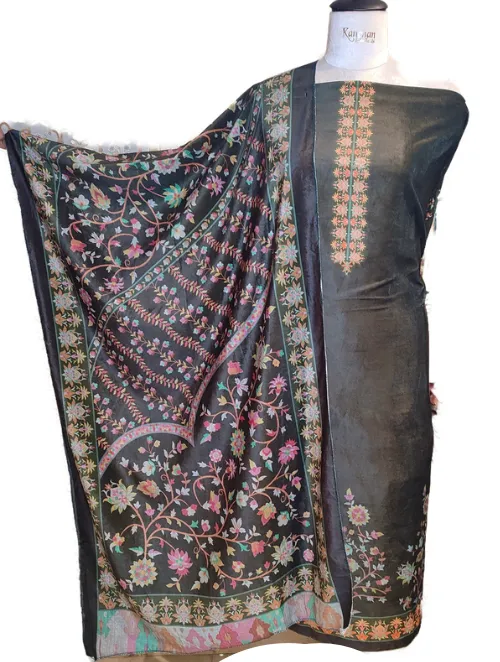 Grey Velvet Unstitched Suit In Digital Print