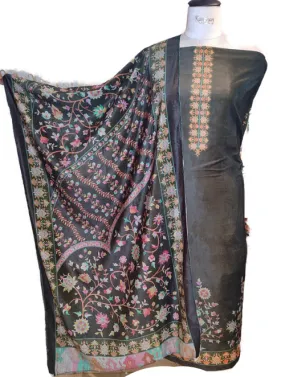 Grey Velvet Unstitched Suit In Digital Print