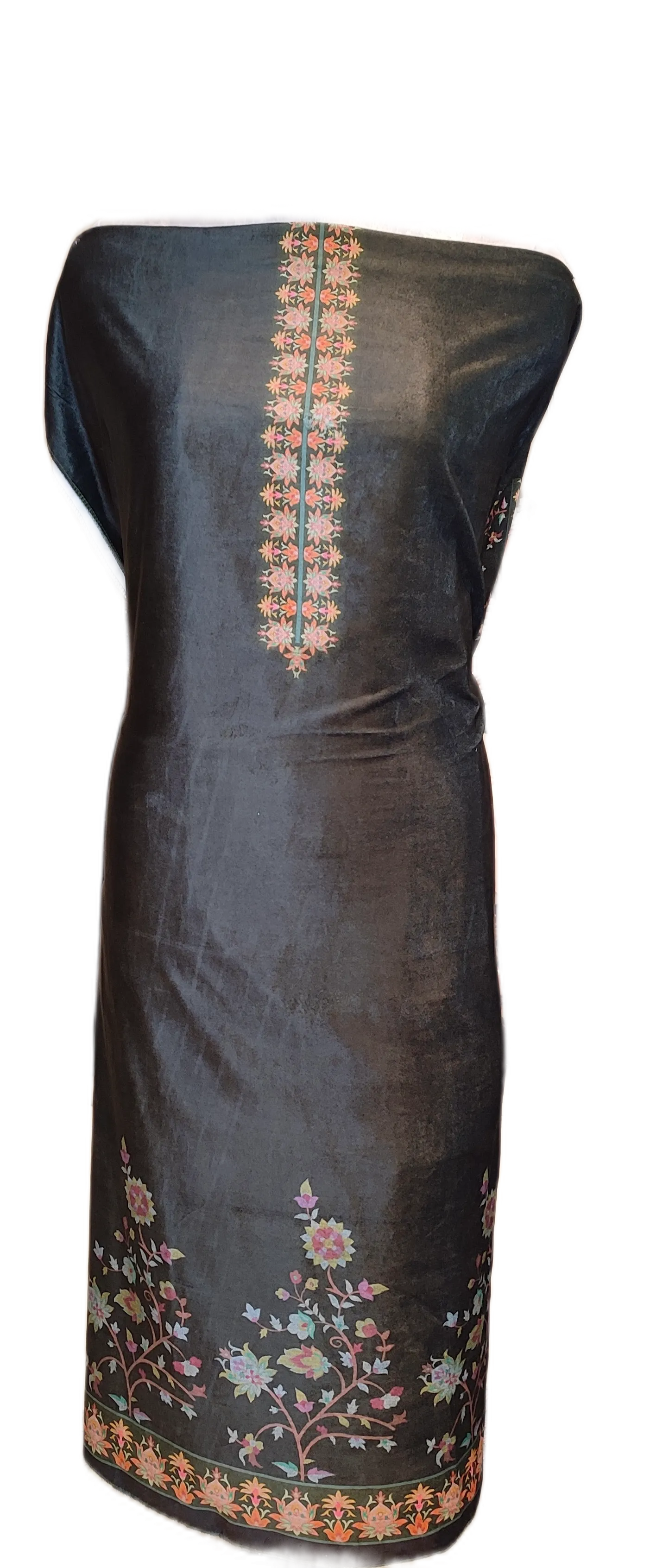 Grey Velvet Unstitched Suit In Digital Print