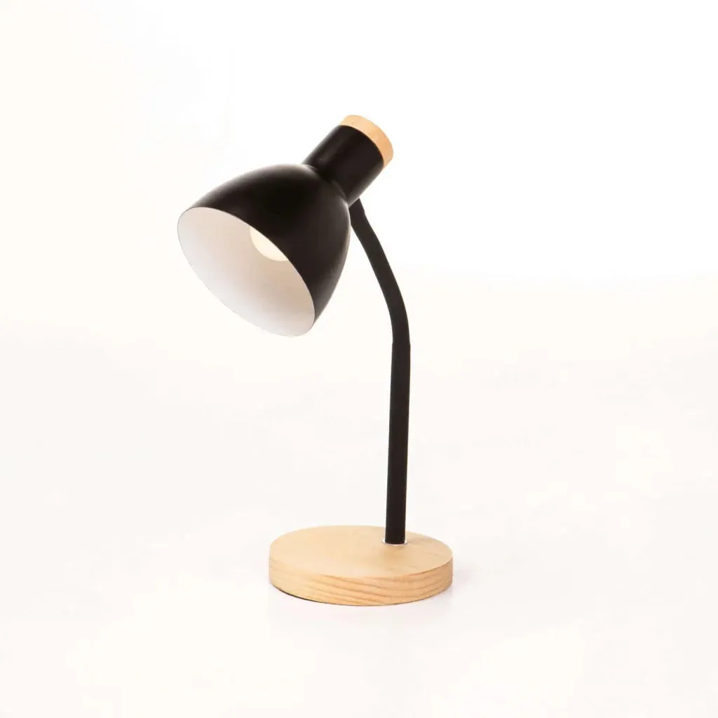 LAMP TABLE-WOOD BASE OAK-BLACK ARM & DOME