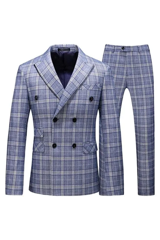 Light Blue Double Breasted Plaid Business Suits Prom Suits