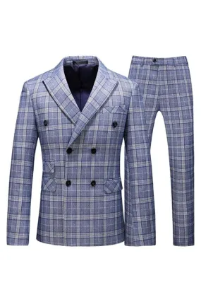 Light Blue Double Breasted Plaid Business Suits Prom Suits