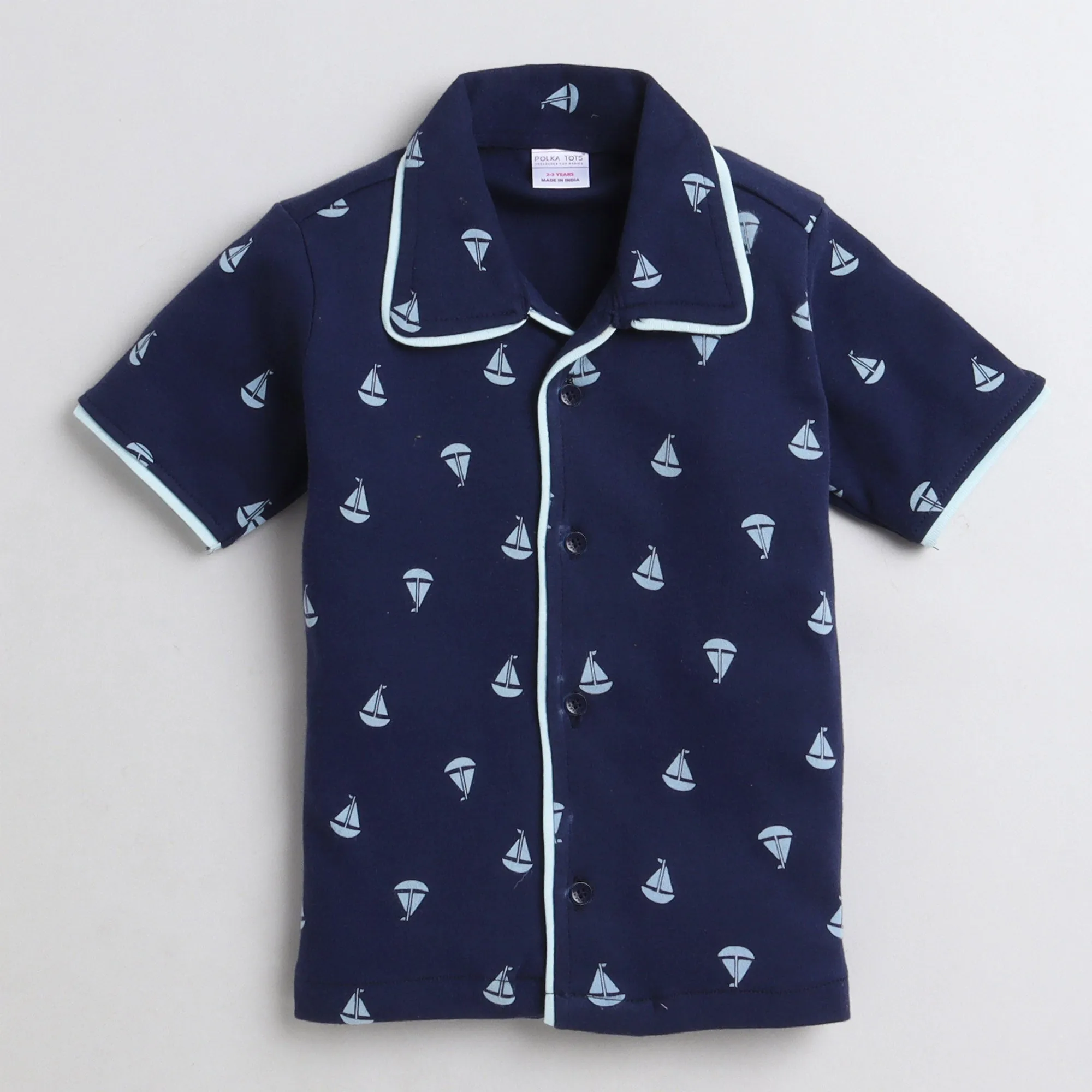 Polka Tots Half Sleeve Night Suit Cotton Pair Knit Boat - Navy Blue