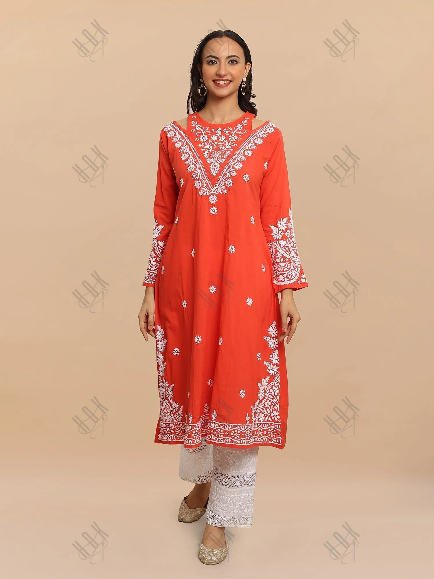 Saba Chikankari Long kurta in cotton - Red