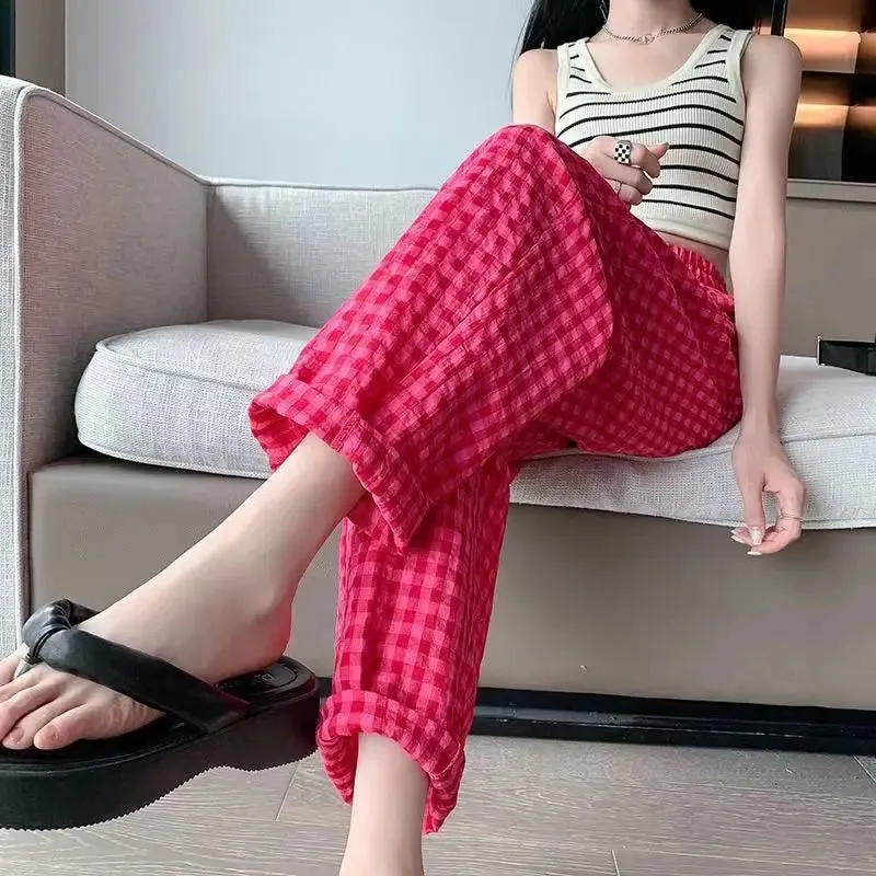 Summer Home Wear Plaid Nine-point Trousers Casual Relaxed Breathable Thin Elastic Waist Trousers Female Students Pajama Pants