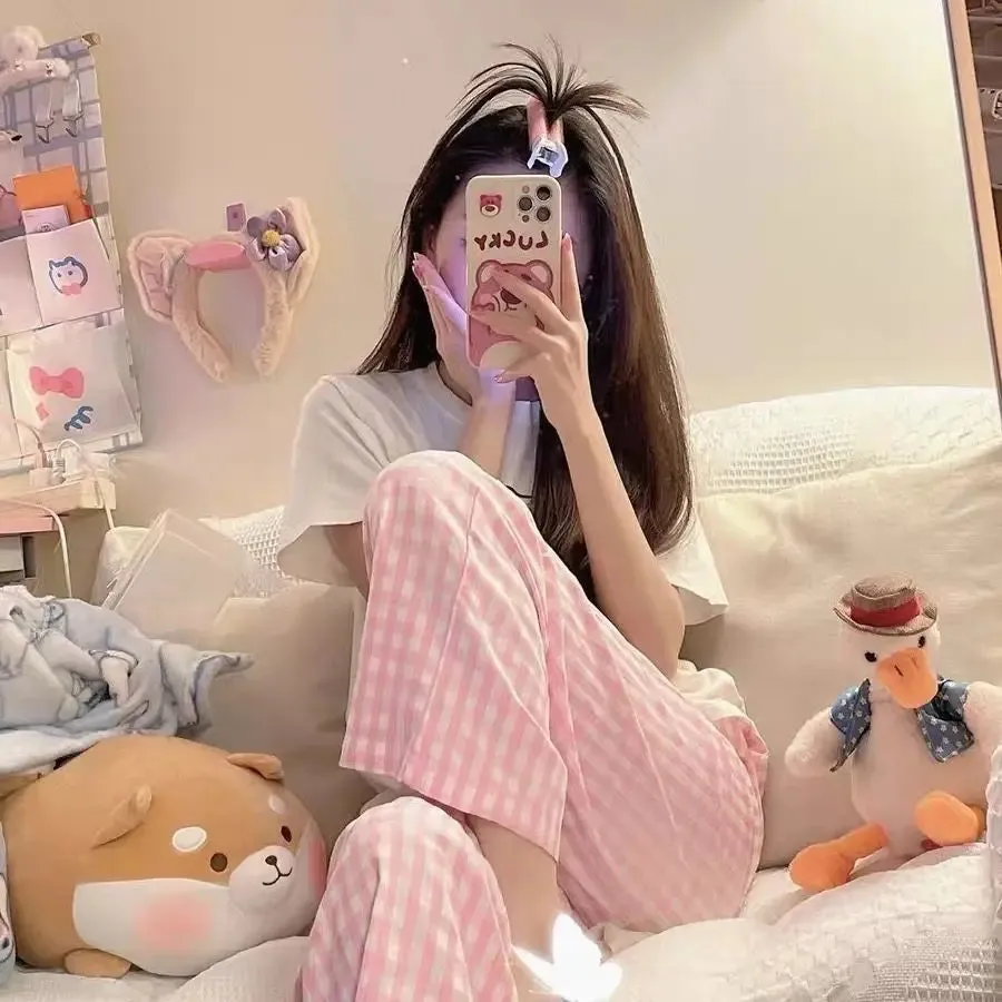 Summer Home Wear Plaid Nine-point Trousers Casual Relaxed Breathable Thin Elastic Waist Trousers Female Students Pajama Pants