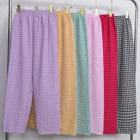 Summer Home Wear Plaid Nine-point Trousers Casual Relaxed Breathable Thin Elastic Waist Trousers Female Students Pajama Pants