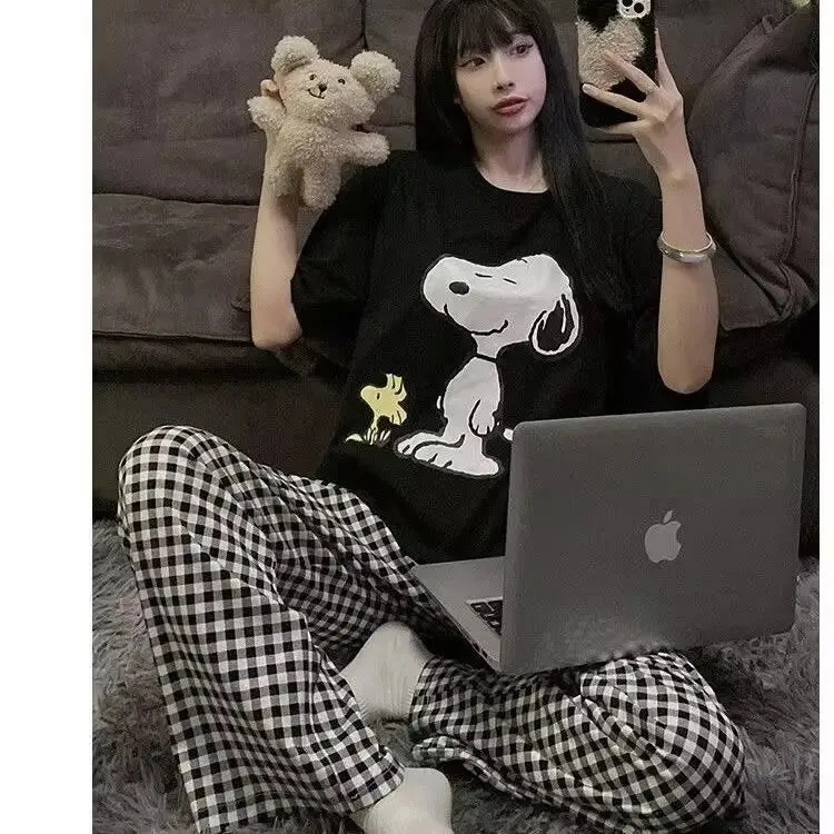 Summer Home Wear Plaid Nine-point Trousers Casual Relaxed Breathable Thin Elastic Waist Trousers Female Students Pajama Pants