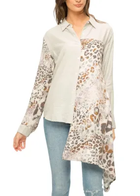 Warm Grey and Leopard Contrast High-low Button-Up Top