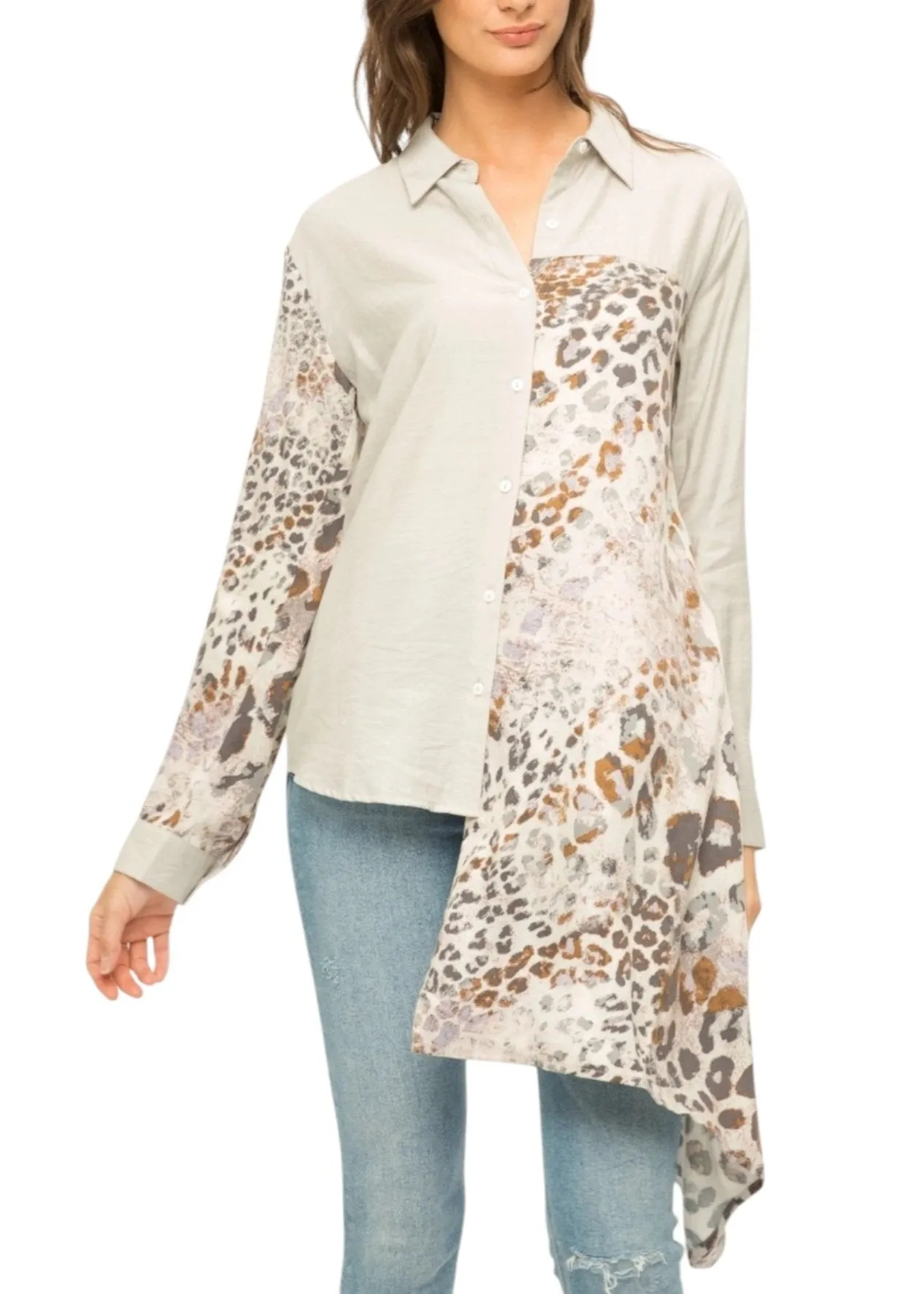 Warm Grey and Leopard Contrast High-low Button-Up Top
