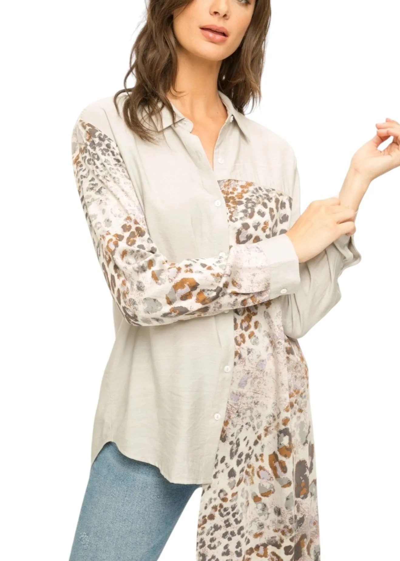 Warm Grey and Leopard Contrast High-low Button-Up Top