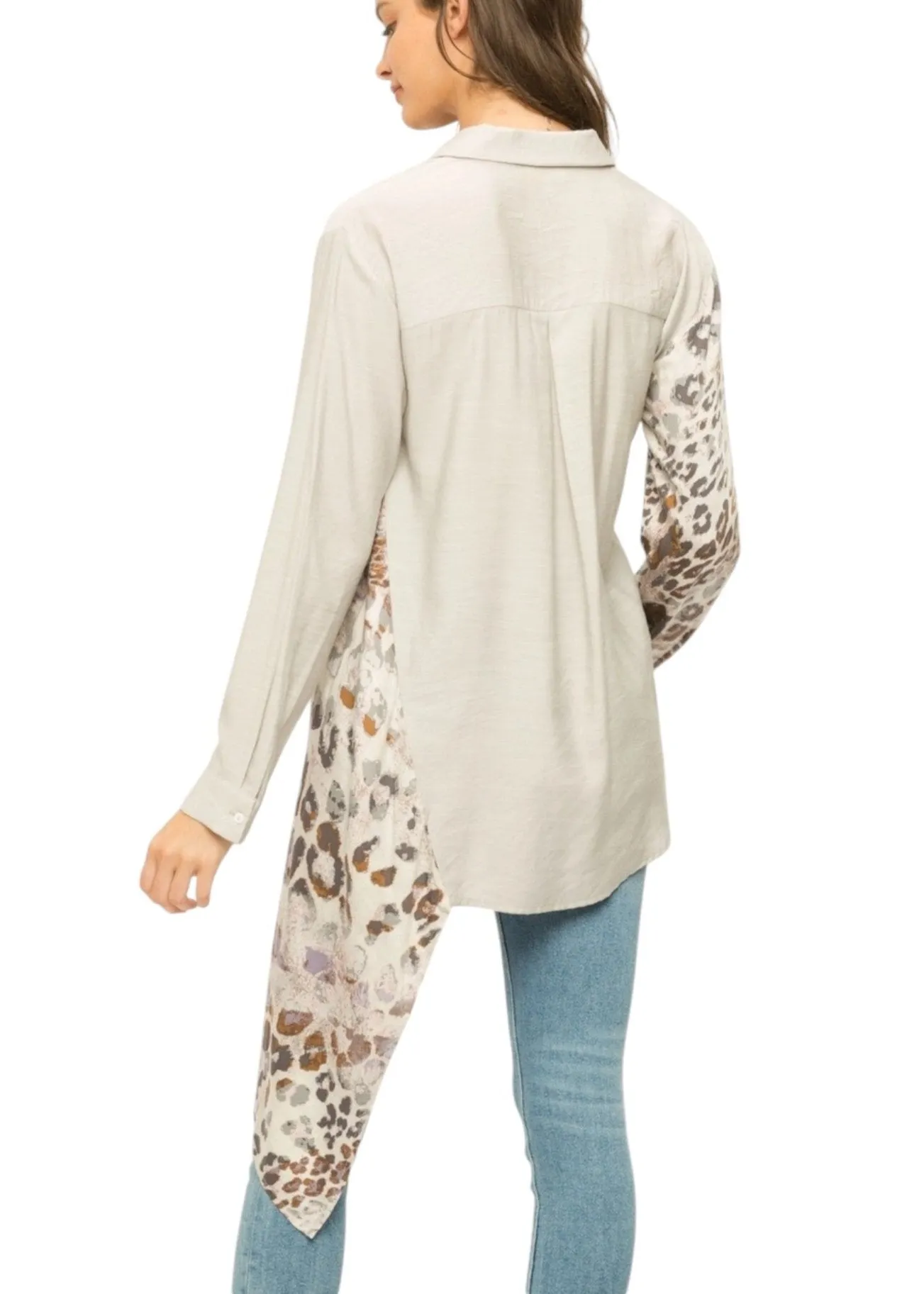 Warm Grey and Leopard Contrast High-low Button-Up Top