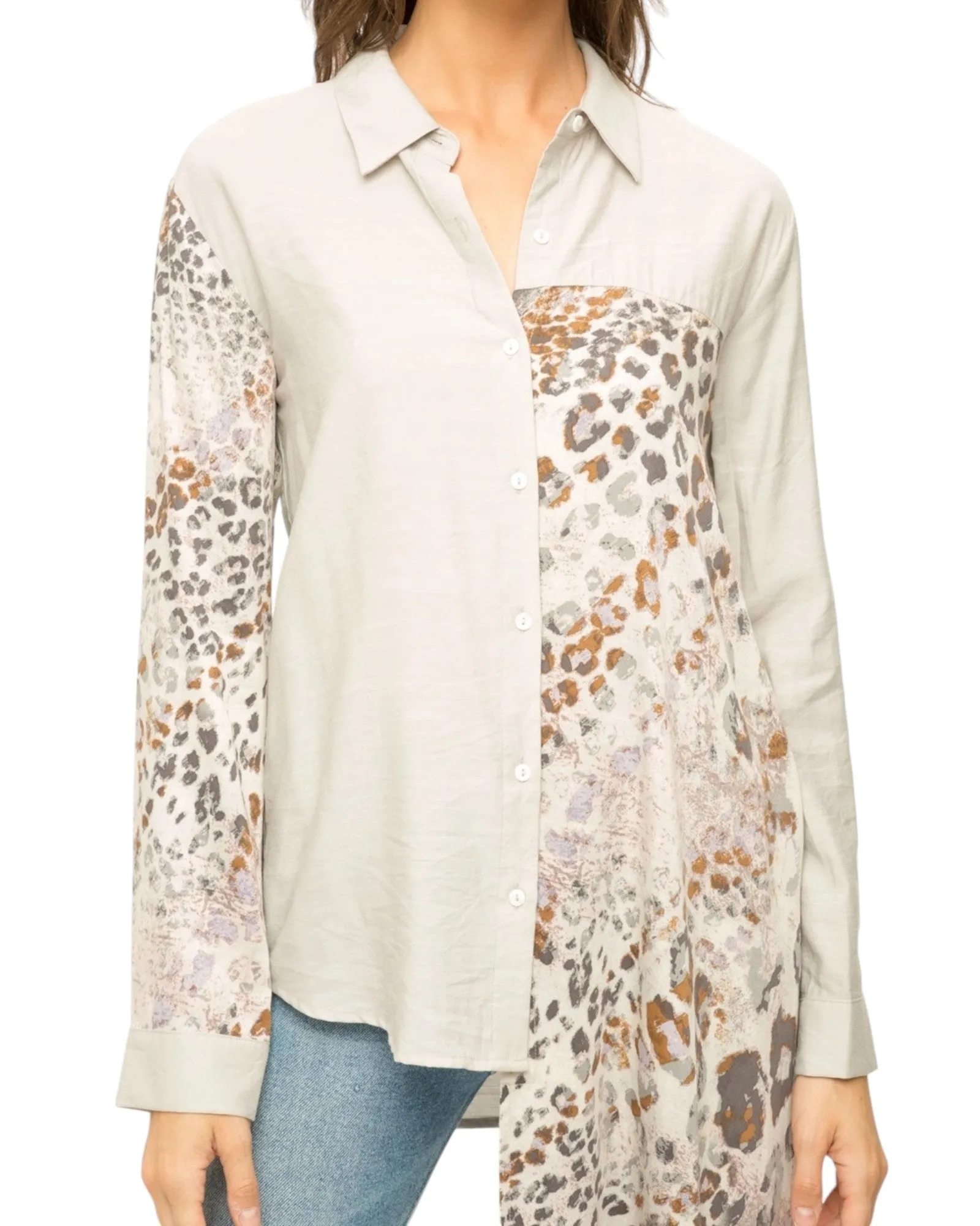 Warm Grey and Leopard Contrast High-low Button-Up Top