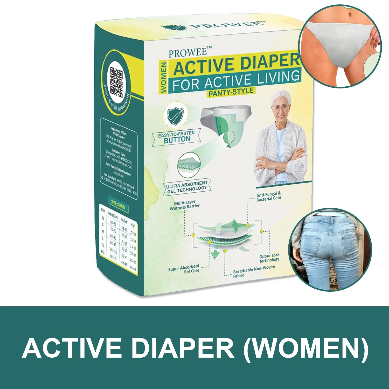 XL Size Active Adult Diaper for Women "Panty Style" for Incontinence,Customised to Size with Easy to Fix Button, Microbe Protected--Prowee Active Adult Diaper (Women)